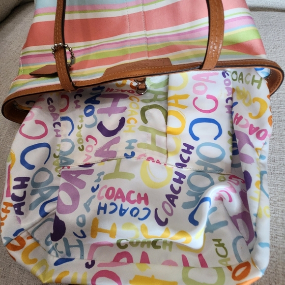 Like New Coach Hampton Pastel Striped Satchel Tote Bag Purse - Picture 10 of 13